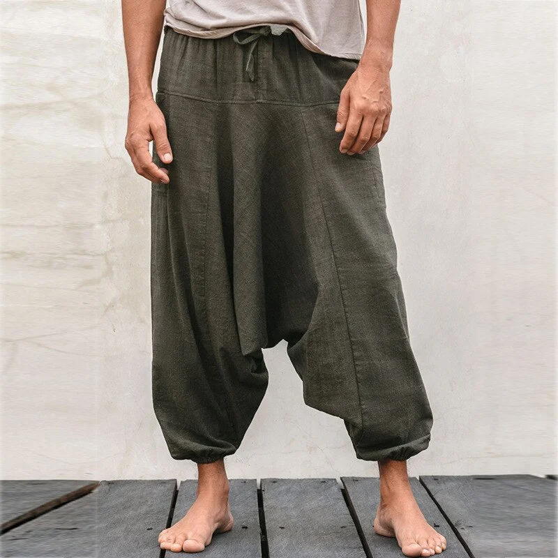 Bonsir Linen Casual Trousers Men's Japanese Wide-leg Pants Summer Cotton Linen Loose Bloomers Large Size Indian Meditation Pocket Pants