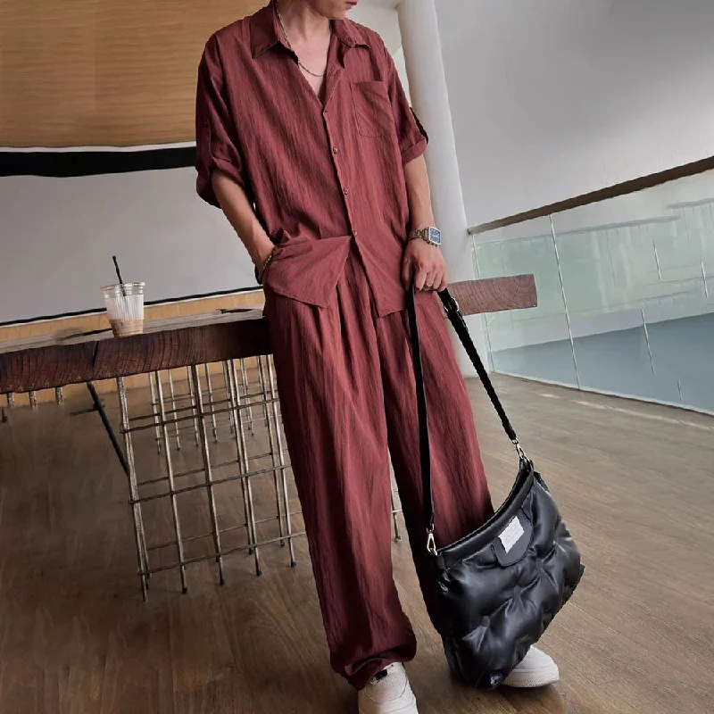 Bonsir Mens Casual Light Shirt Wide Leg Pants 2024 New Genderless Fashion Vacation Basics Versatile Solid Color Suit Two-Piece Unisex