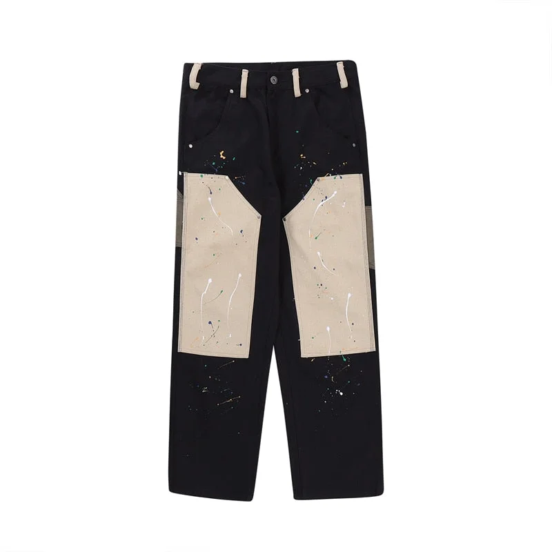 Bonsir Retro Color Match Pockets Straight Men's Cargo Pants High Street Ink Jet Streetwear Baggy Overalls Harajuku Casual Trousers