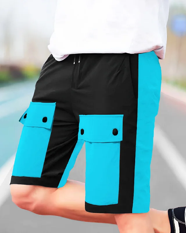 Men Colourblocked Multi-pocket Skyblue-Black Shorts