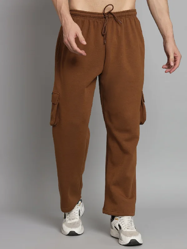 GRIFFEL Men Oversized Fit Fleece 5 Pocket Front Logo Brown  Trackpants