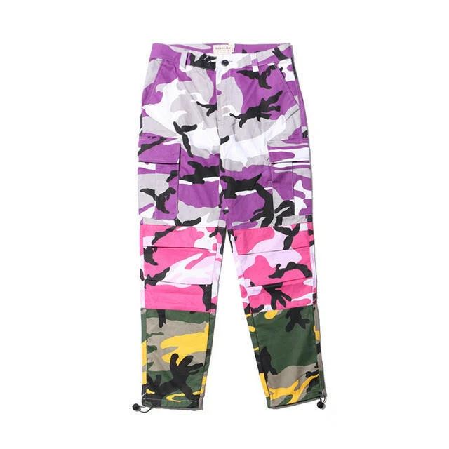 Tri Color  Camo Patchwork Cargo Pants Men's Hip Hop Casual Camouflage Trousers Fashion Streetwear Joggers Sweatpants