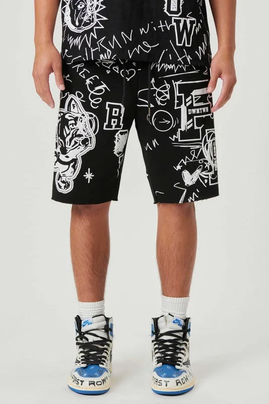 First Row All Over Hand Doodling Puff Print Shorts