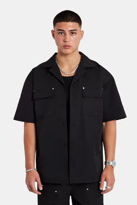 Carpenter Nylon Embroidered Shirt & Short Set - Black