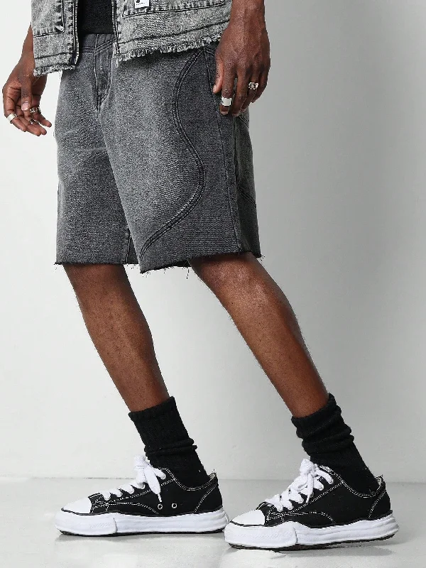 Denim Raw Edge Short With Curved Panels