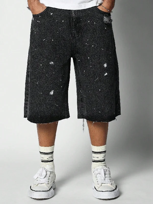 Raw Hem Bermuda Denim Shorts With Paint Print