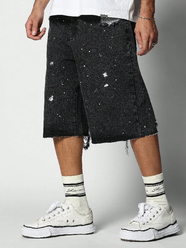 Raw Hem Bermuda Denim Shorts With Paint Print