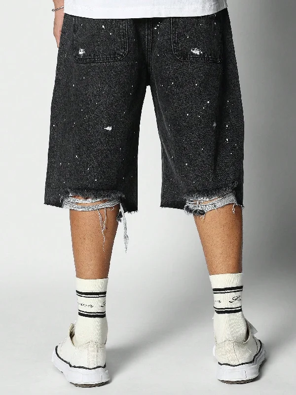 Raw Hem Bermuda Denim Shorts With Paint Print