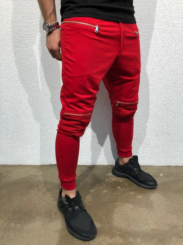 Red Knee Side Pocket Zipper Jogger Pant B173 Streetwear Jogger Pants