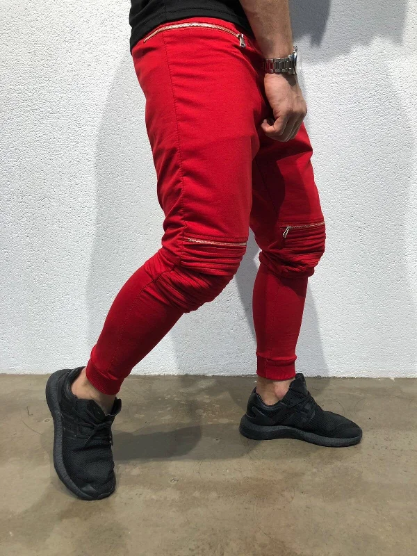 Red Knee Side Pocket Zipper Jogger Pant B173 Streetwear Jogger Pants