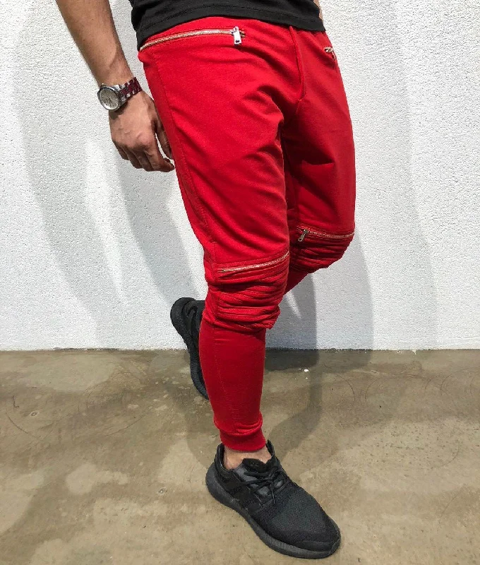 Red Knee Side Pocket Zipper Jogger Pant B173 Streetwear Jogger Pants