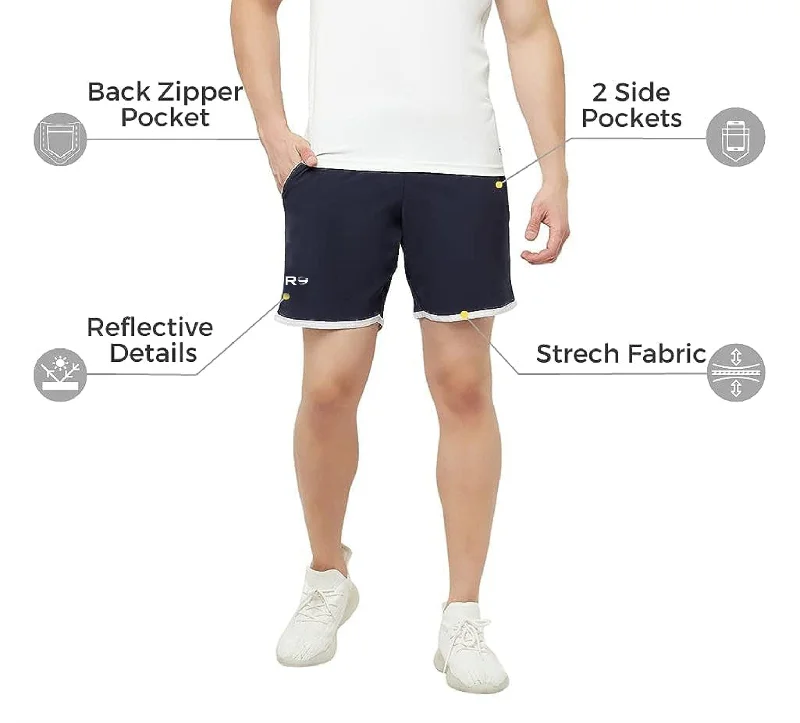 Romano nx Men's Navy Blue 7 inch Dry Fit Sports Running Reflective Shorts with 2 Side Pockets and Zipper Back Pocket