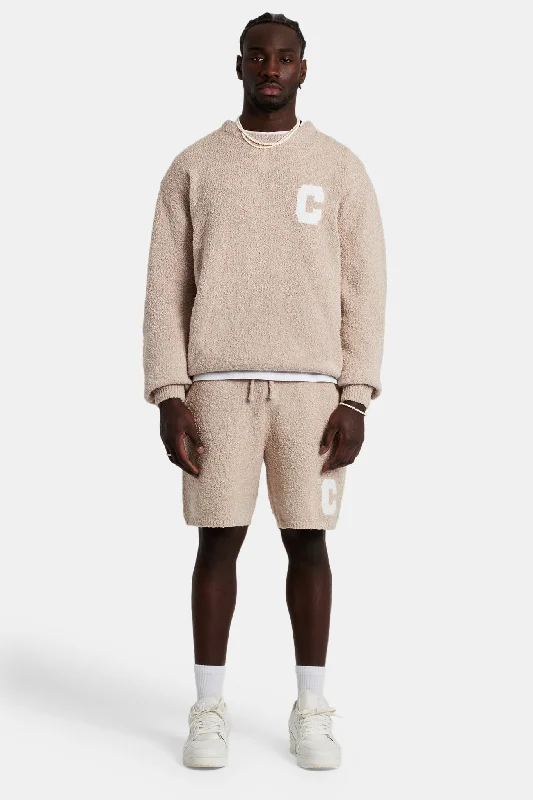 Textured Knitted Sweatshirt Short Tracksuit - Beige