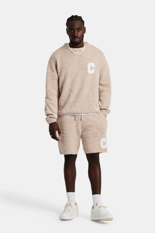 Textured Knitted Sweatshirt Short Tracksuit - Beige