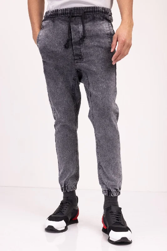 Acid Wash Denim Jogger - Black