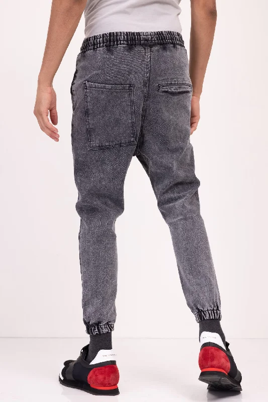 Acid Wash Denim Jogger - Black