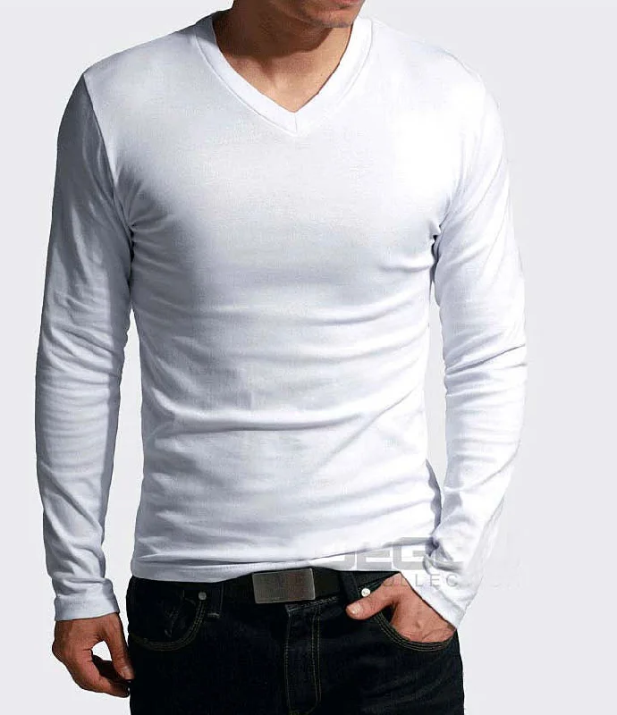 Elastic Mens T-Shirt V-Neck Long Sleeve Men T Shirt For Male Lycra And Cotton T-Shirts Man Clothing TShirt Brand Tees