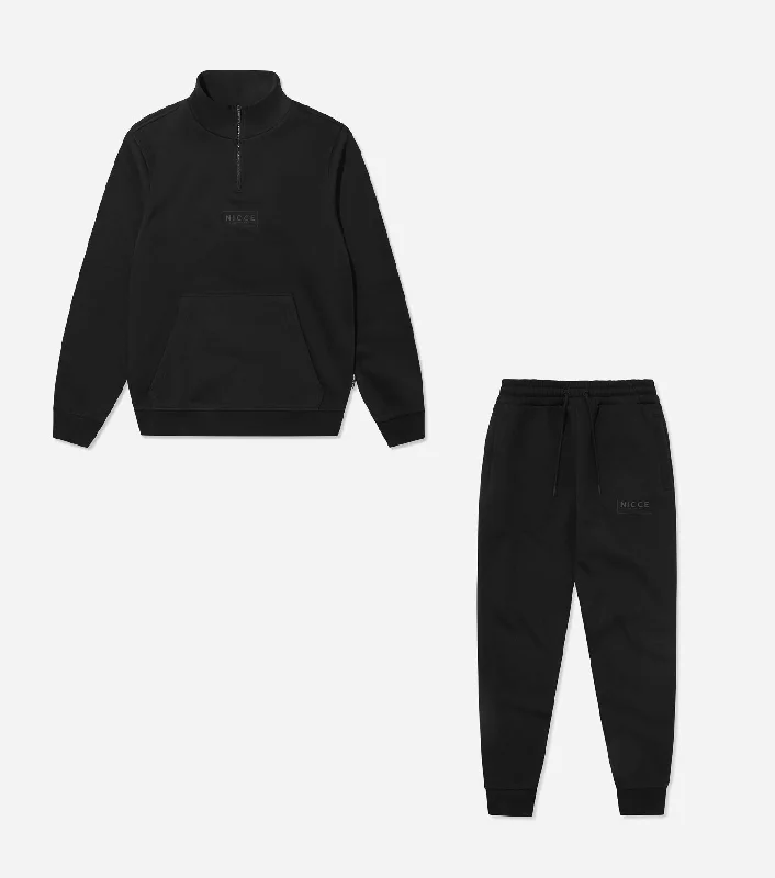 NICCE Mens Est.13 Cargo Joggers & Qtr Zip Funnel Hoodie Tracksuit Set | Black