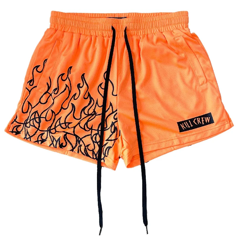 MUAY THAI FLAME SHORTS (MID THIGH CUT) - NEON ORANGE / BLACK