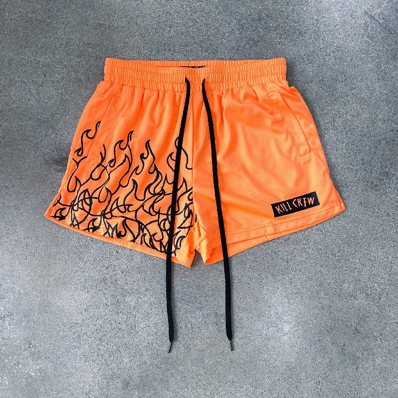 MUAY THAI FLAME SHORTS (MID THIGH CUT) - NEON ORANGE / BLACK