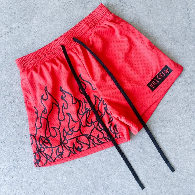 MUAY THAI FLAME SHORTS (MID THIGH CUT) - RED / BLACK