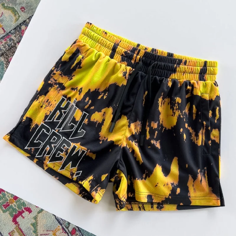 MUAY THAI SHORTS (MID THIGH CUT) ACID WASH - YELLOW / BLACK