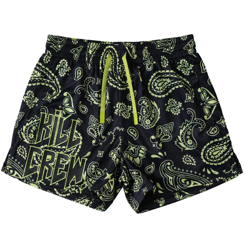 MUAY THAI SHORTS (MID THIGH CUT) BANDANA - BLACK / NEON GREEN