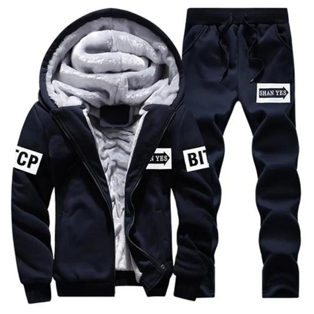 Inner Fur Mens Tracksuits Winter Casual Fleece Lined Sweatshirts Men 2 Piece Set